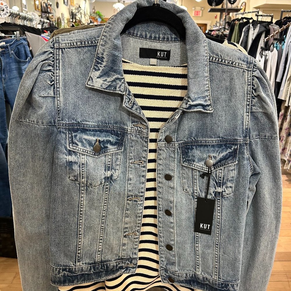 Kut from the Kloth Faded Light Blue Denim Jacket with Puff Shoulders